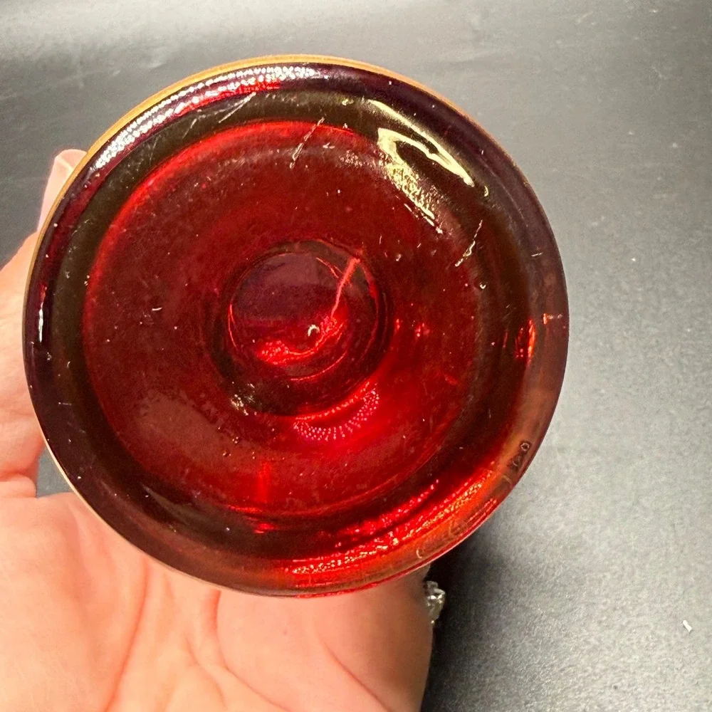 Bohemia Crystal Ruby Red Glass Vase Gold Hand Painted Floral 6.75in Czech